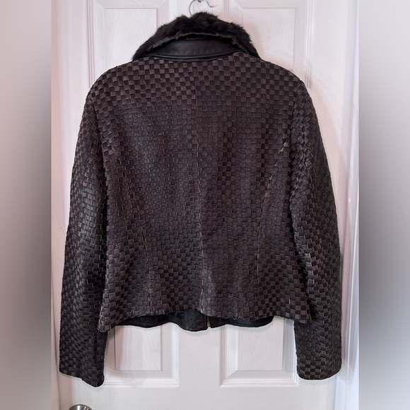 ST. JOHN - WOVEN LEATHER JACKET - WITH REMOVABLE RABBIT FUR COLLAR- WOMENS LARGE - Picture 7 of 15